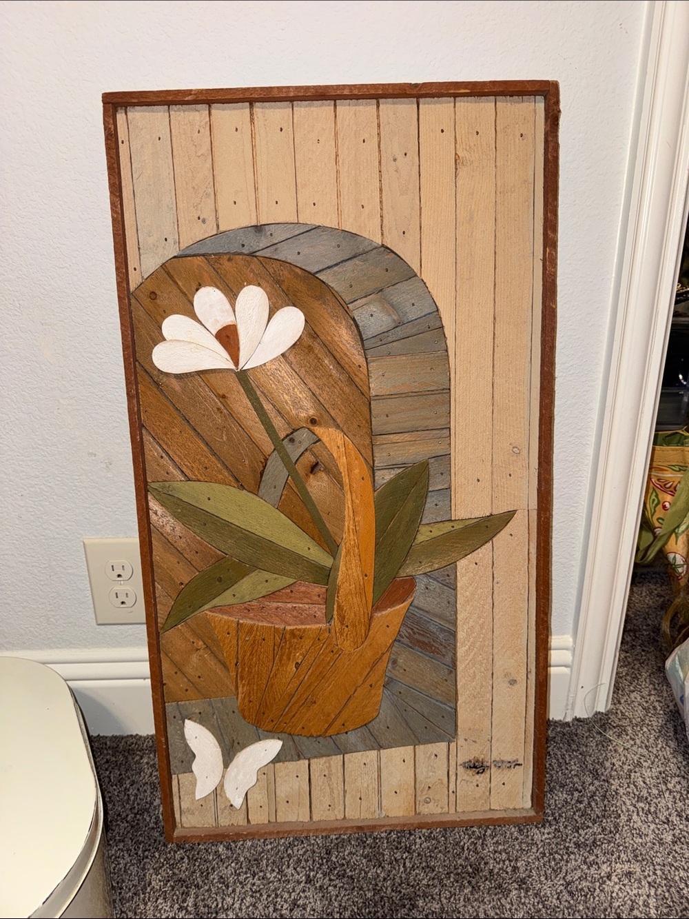Rustic Wooden Basket Flower Wall Art - Brown, Green, White. Picture